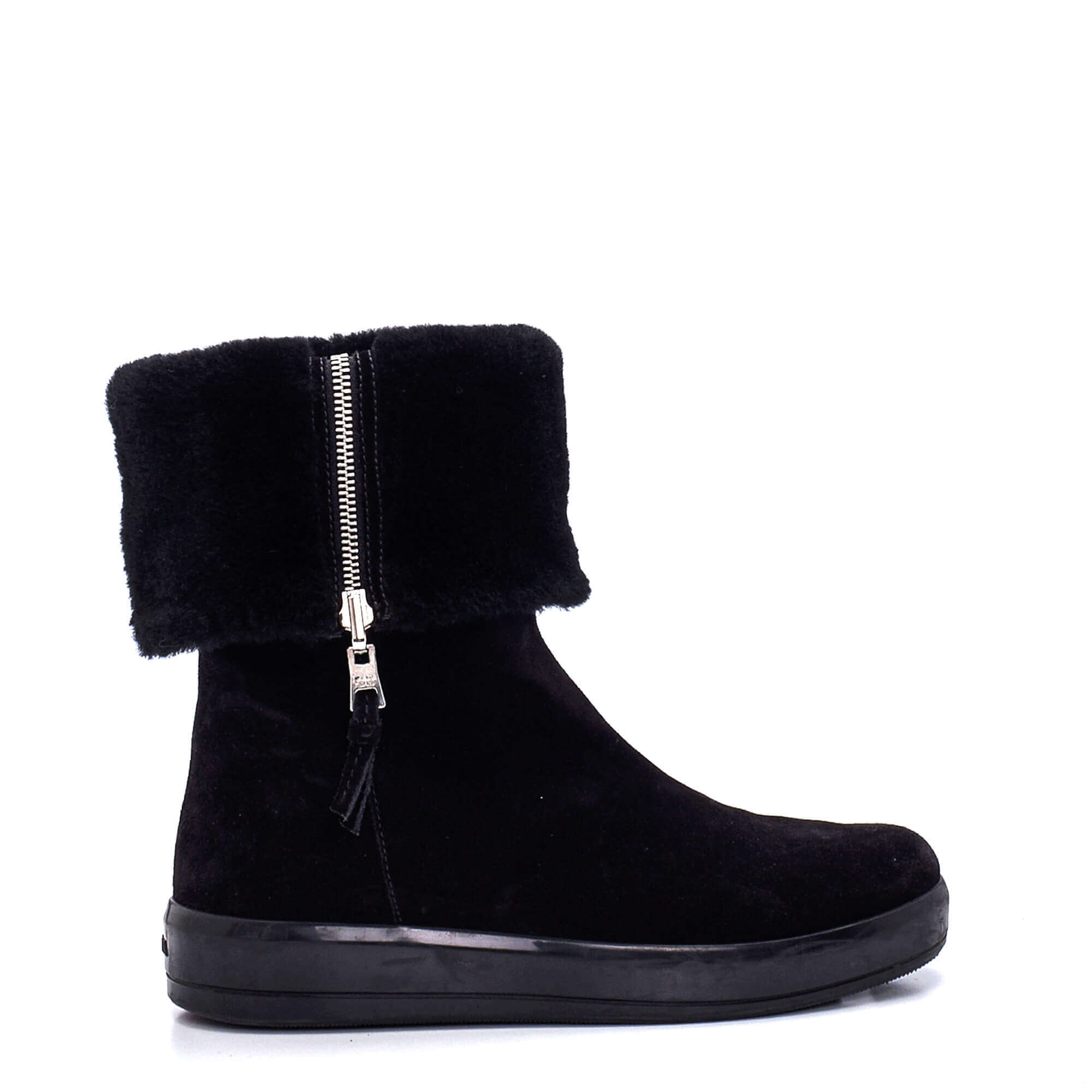 Prada - Black Suede Fur Trimmed Zipped Boots